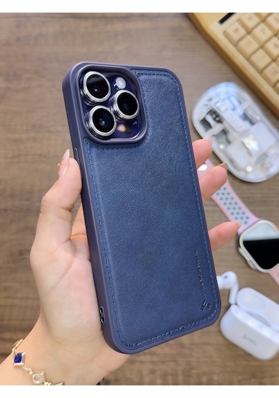 Apple iPhone 14 Pro Max Uyumlu Premium Deri Dokulu Darbelere Karşı Dayanıklı Nazal Silikon Kılıf Lacivert