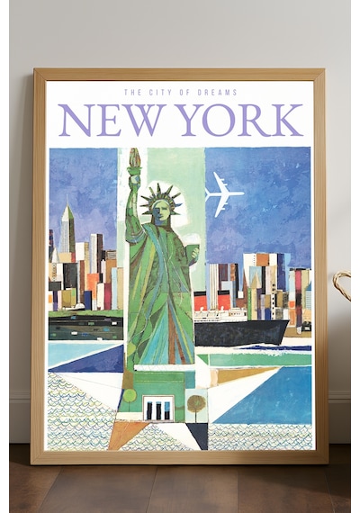 New York Doğal Ahşap Çerçeveli Poster, Dekoratif Seyahat Duvar Tablosu
