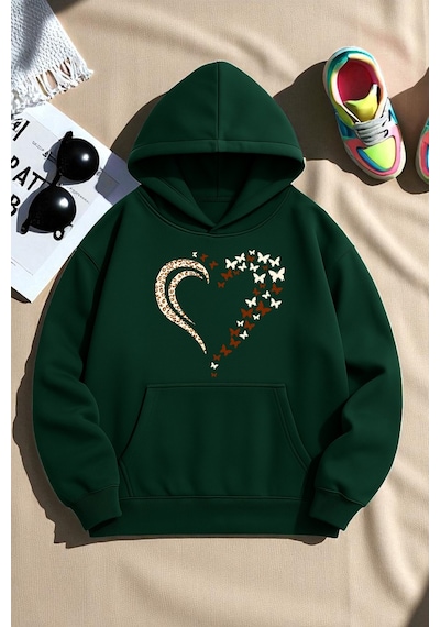 Uyguntarz Unisex Leopar Kalp Desenli Baskılı Oversize Sweatshirt Yeşil
