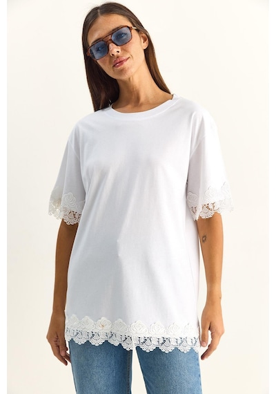 Shade Kadın Bisiklet Yaka Dantel Detaylı Oversize T-shirt 2134 60286120 - Beyaz