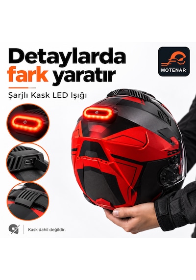 Motenar Kask Arkası Led Uyarı Işığı Usb Şarjlı Modlu 1 Adet