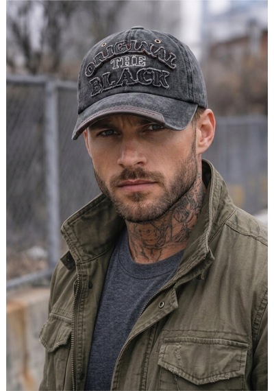Gigi Luxe Orginal The Black Nakışlı Yıkamalı Deri Eskitme Cap Baseball Şapka Kep Siyah Siyah