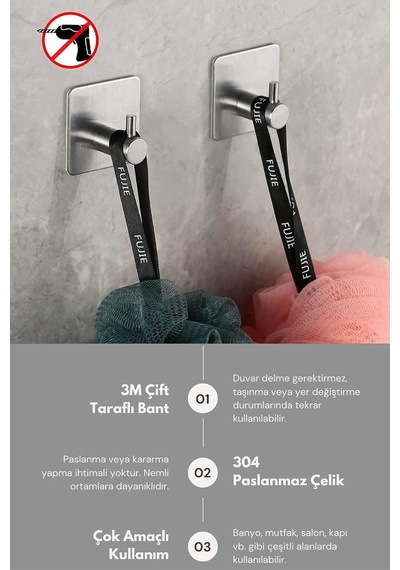 2 Adet Paslanmaz Çelik Banyo Havlu & Bornoz & Lif Askılığı, Çok Amaçlı Askılık, Yapışkanlı Mutfak Banyo Hav Diğer