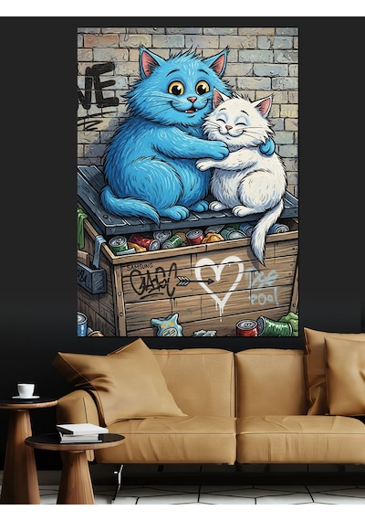 Ahşap Tablo Sarılan Sevimli Kedi Çifti