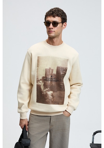 Grımelange ALARIC Erkek Yuvarlak Yaka Önü Baskılı Regular Fit Ekru Sweatshirt