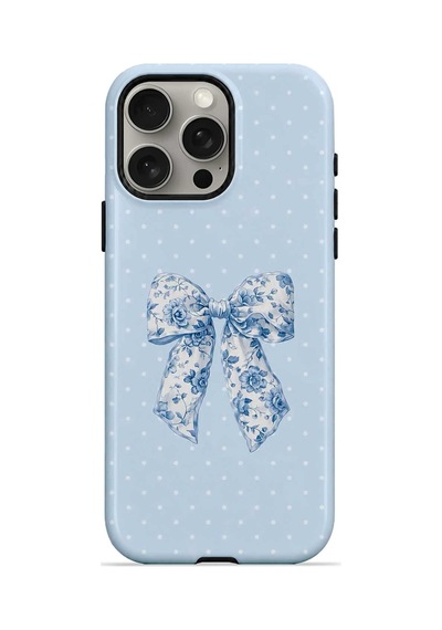 Velvoria Valestra Blue Toile Bow Apple iPhone Uyumlu 15 Pro Darbe Korumalı Kılıf Valestra Select - Blue Toile Bow