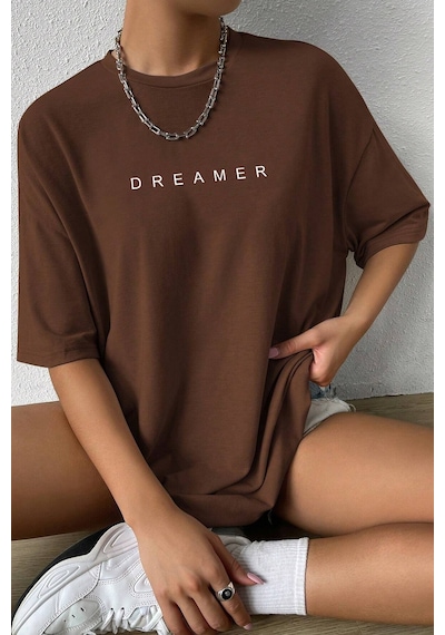 Unisex Dreamer Baskılı Oversize Tshirt Kahverengi