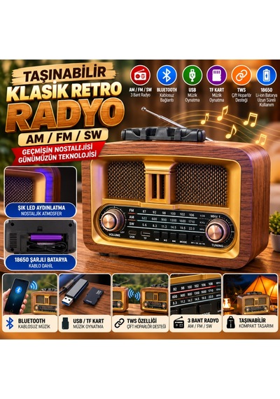 Kahveci.store Taşınabilir Klasik Am/fm/sw Retro Ev Radyo Usb İle Şarj Olabilen Retro Radyo 22