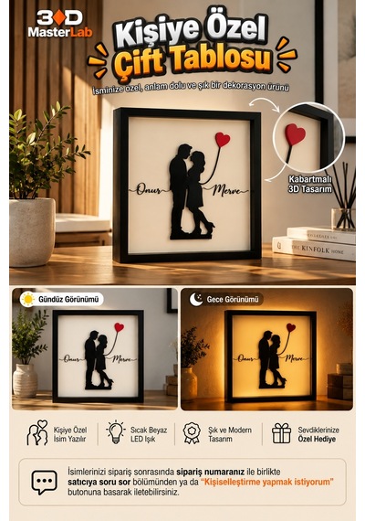 Led Işıklı İsimli Dekoratif Çerçeve Eş / Sevgili / Çift 20 Cm