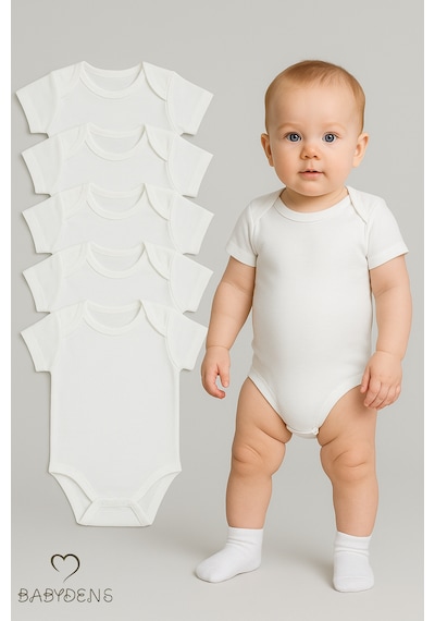 Babyden's 5 Li Set Kısa Kollu Bebek Zıbın %100 Pamuk Çıtçıtlı Body Beyaz Unisex Bebek İç Giyim 03-12ay Beyaz