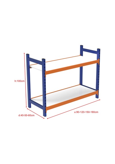 2 Katlı Ahşap Raflı İçten Oturmalı Hafif Rack - 3d Yazıcı Rafı, Depo Rafı 40x150 Cm-100 Cm Mavi-turuncu