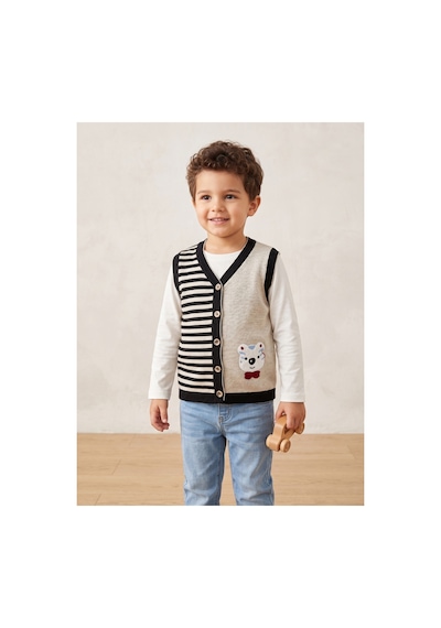 Deniva Kids Unisex Çocuk Çizgili Ve Ayıcık Figürlü Düğmeli Triko Süveter Yelek - Bej 1 Yaş