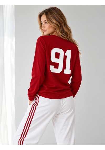 Nealirsanall.com Kadın "91" Baskılı Uzun Kollu İnce Sweatshirt / Body Kırmızı