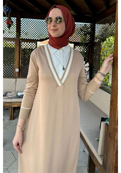 Rabia Şamlı Eylül Gömlekli Triko Elbise Bej Normal