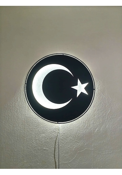 Motto Dekor Lazer Kesim Metal Türk Bayrağı Görselli Beyaz Led Işıklı Duvar Dekoru Duvar Aydınlatması Siyah