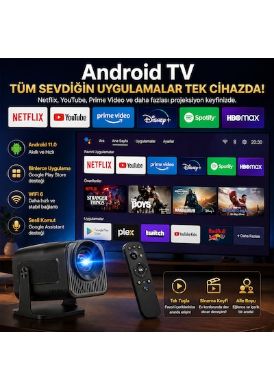 Android Tv 1080p Full Hd Projeksiyon Cihazı Wifi 6 Bluetooth 5.0 Otomatik Keystone Ev Sinema Projektörü