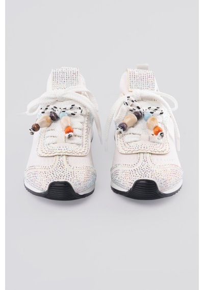 Mubiano Kadın Sneaker Düz Taban Taşlı Boncuk Detaylı Streç Spor Ayakkabı Zyra Beyaz Beyaz