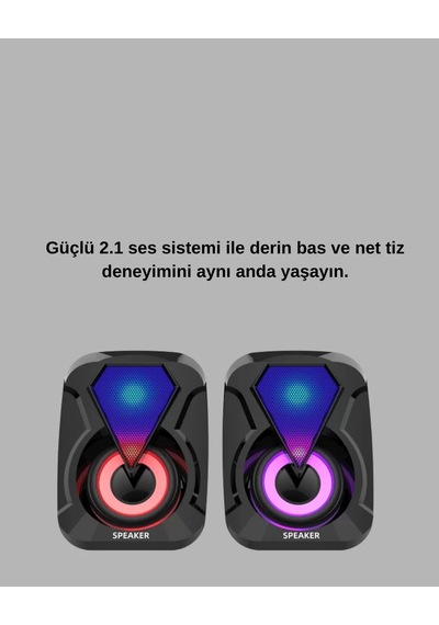 2+1 Rgb Led Işıklı Güçlü Bas Sistemli Bilgisayar Hoparlörü Renkli