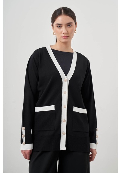 Mizalle Şeritli Rayon Siyah Hırka Siyah