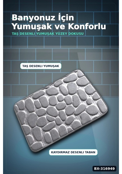 Hafızalı Köpük Banyo Paspası Gri Kaydırmaz Tabanlı Emici Ayak Paspas 1 Adet Bx-316949 Diğer