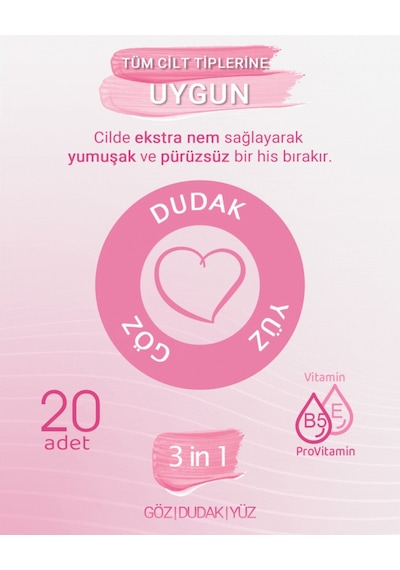 3’ü 1 Arada Makyaj Temizleme Mendili 240 Yaprak (12x20) -  Yüz Göz & Dudak İçin, Yumuşak Dokulu