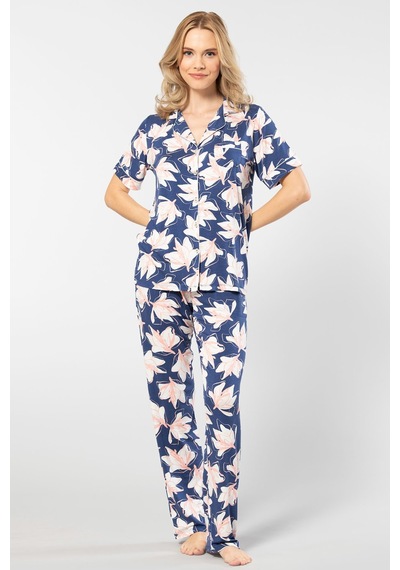 Türen Yaprak Desenli Kısa Kollu Gömlek Yaka Pijama Takımı 3355/lacivert 001