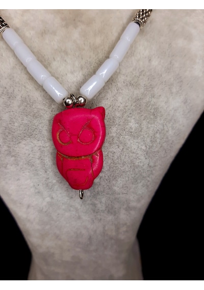 Mryart Baykuş Figürlü Doğal Taş Kolye Pembe Sembol El Yapımı Özel Tasarım Beyaz - Pembe