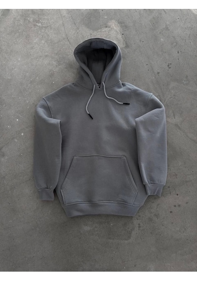 Kapşonlu Üç İplik Penye Basic Sweatshirt - Boyalı Gri Karışık Çok Renkli