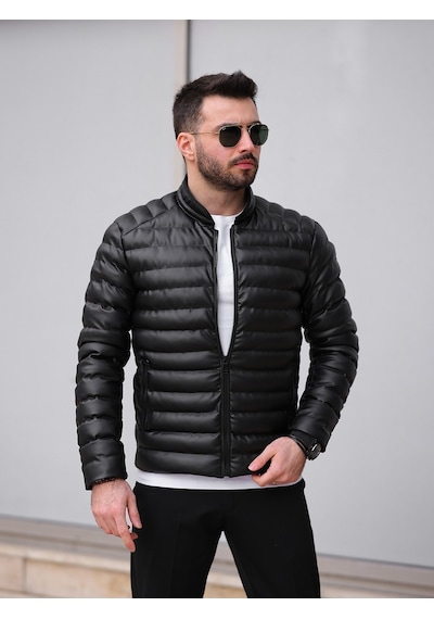 Slim Fit Deri Şişme Mont Siyah