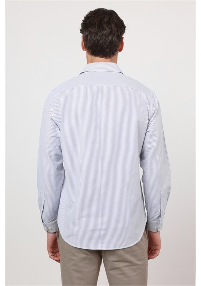 İmza Beyaz - Lacivert Sert Yaka Uzun Kol Cepsiz Slim Fit Pamuklu Gömlek 1004260214