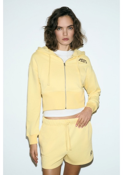 Grımelange Elara Kadın Metal Fermuarlı Nakışlı Kapüşonlu Crop Sarı Sweatshirt Sarı