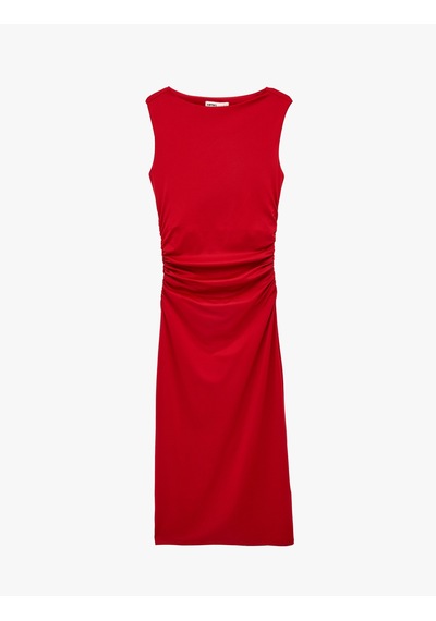 Koton Bisiklet Yaka Kolsuz Drape Detaylı Midi Boy Kalem Elbise Kırmızı 6sak80128ek