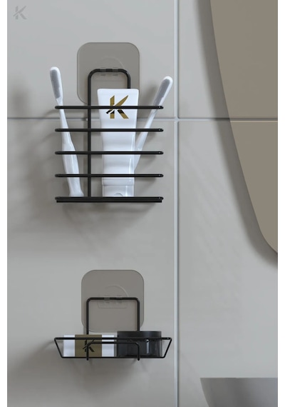 Siyah Paslanmaz Metal Banyo Duvar Organizeri - Yapışkanlı Diş Fırçalık Ve Sabunluk Seti Siyah
