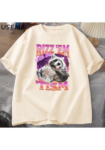 Flood Of Style Rizz Em Tism İle Retro Tişört Adam Komik Rakun Grafik T-shirt Unisex Opossum T Shirt Kadın Er Haki
