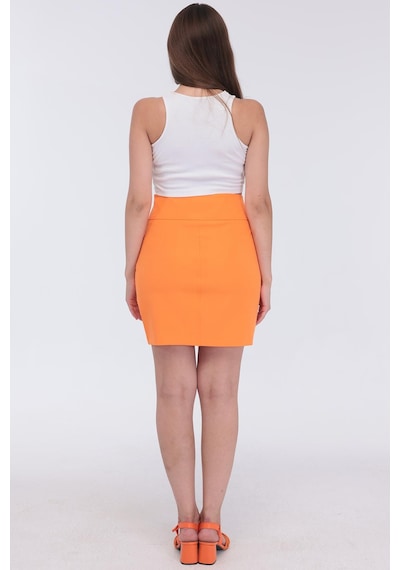Selectmoda Kadın Zincir Toka Detaylı Modern Şık Mini Etek Turuncu