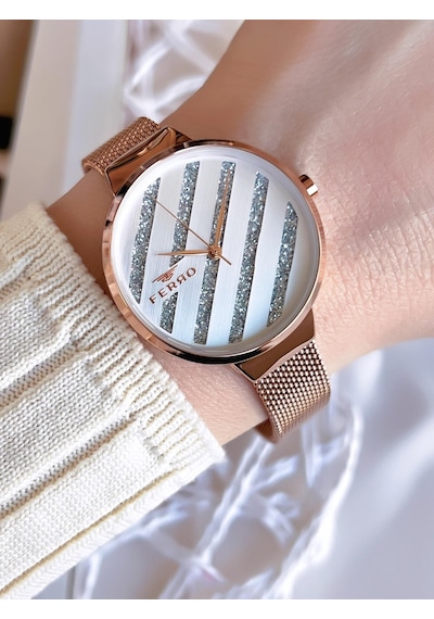 Ferro Hasır Kordonlu Rose Gold Kararmaz Renk Atmaz 3 Atm Özel Tasarım Kadın Kol Saat Bf21153cwt-c