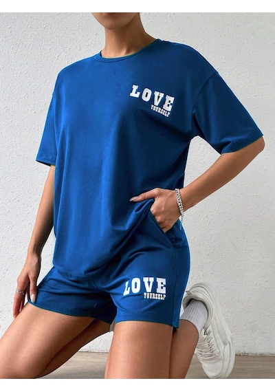 Love Yourself T-shirt Şort - Saks Mavi Alt Üst Kombin Şort Tişört Takım Baskılı Bisiklet Yaka Saks Mavi Love Yourself T-shirt Şort - Saks Mavi Alt Üst Kombin Şort Tişört Takım Baskılı Bisiklet Yaka Saks Mavi