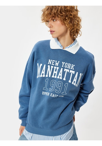 Koton Polo Yaka Sweatshirt Kolej Baskılı Uzun Kollu Mavi 5wal10205ık Mavi