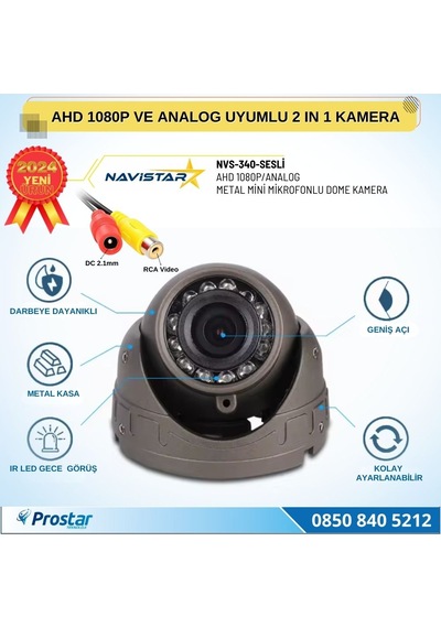 Mikrofonlu Ahd 1080p Ve Analog Pal Dönüşümlü Gece Görüşlü Mini Metal Dome Araç Kamerası