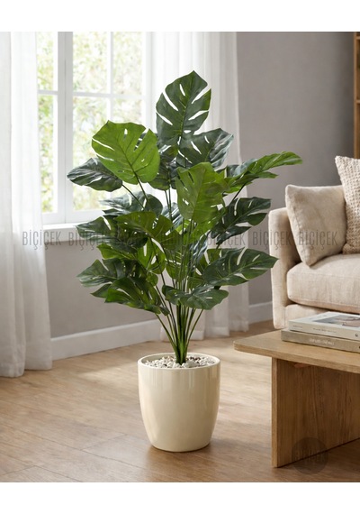 Biçiçek Yapay Monstera Deve Tabanı Yakut Saksıda Bej - Beyaz
