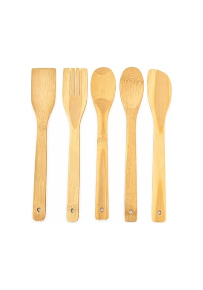 5 Parça Bambu Mutfak Kaşık Seti %100 Doğal, Çizilmeye Karşı Korumalı, Isıya Dayanıklı, Hafif, Ergonomik, T