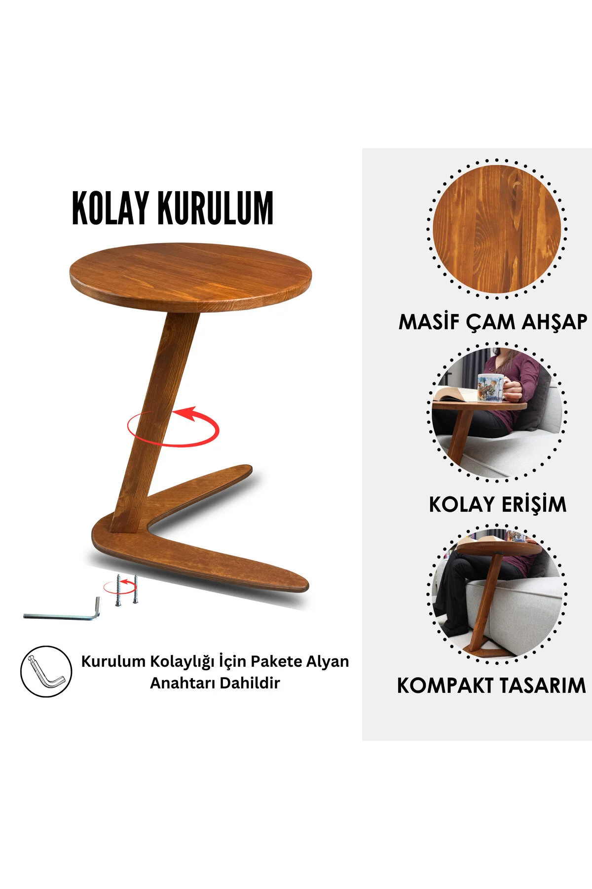 Furnirem Masif Çam Ahşap Z Sehpa Kanepe Yanı Modern Sehpa 40x55 Cm Kestane