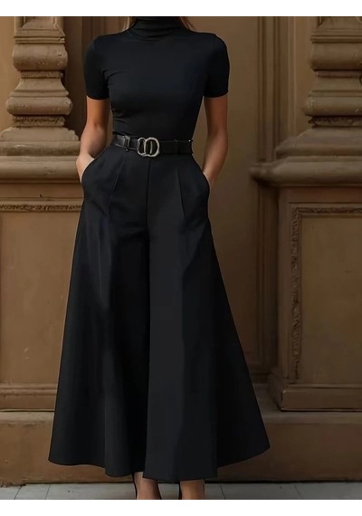 DefyModa Kadın Yüksek Bel Kemerli Double Kumaş Palazzo Pantolon Siyah