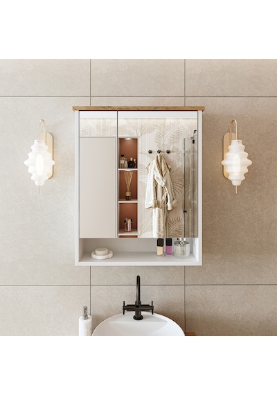 Banos Banyo Kulpsuz 2 Kapaklı Beyaz Mdf 62Cm Aynalı Banyo Üst Dlp Atlantik Çam - Beyaz