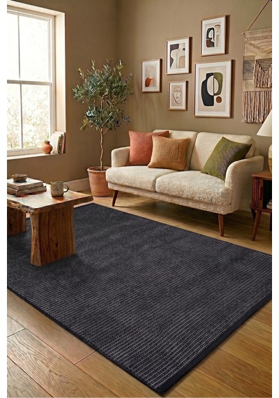Vivanni Home Şönil Kilim Salon Oturma Çocuk Odası Banyo Halısı Mutfak Halısı Balkon Halısı Yıkanabilir Kaymaz Tabanlı Yolluk Çizgili Antrasit