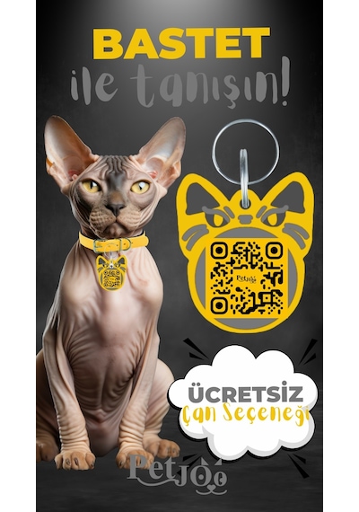 Petjoo 1.Bastet Gri-Sarı Qr'lı Kedi Künyesi