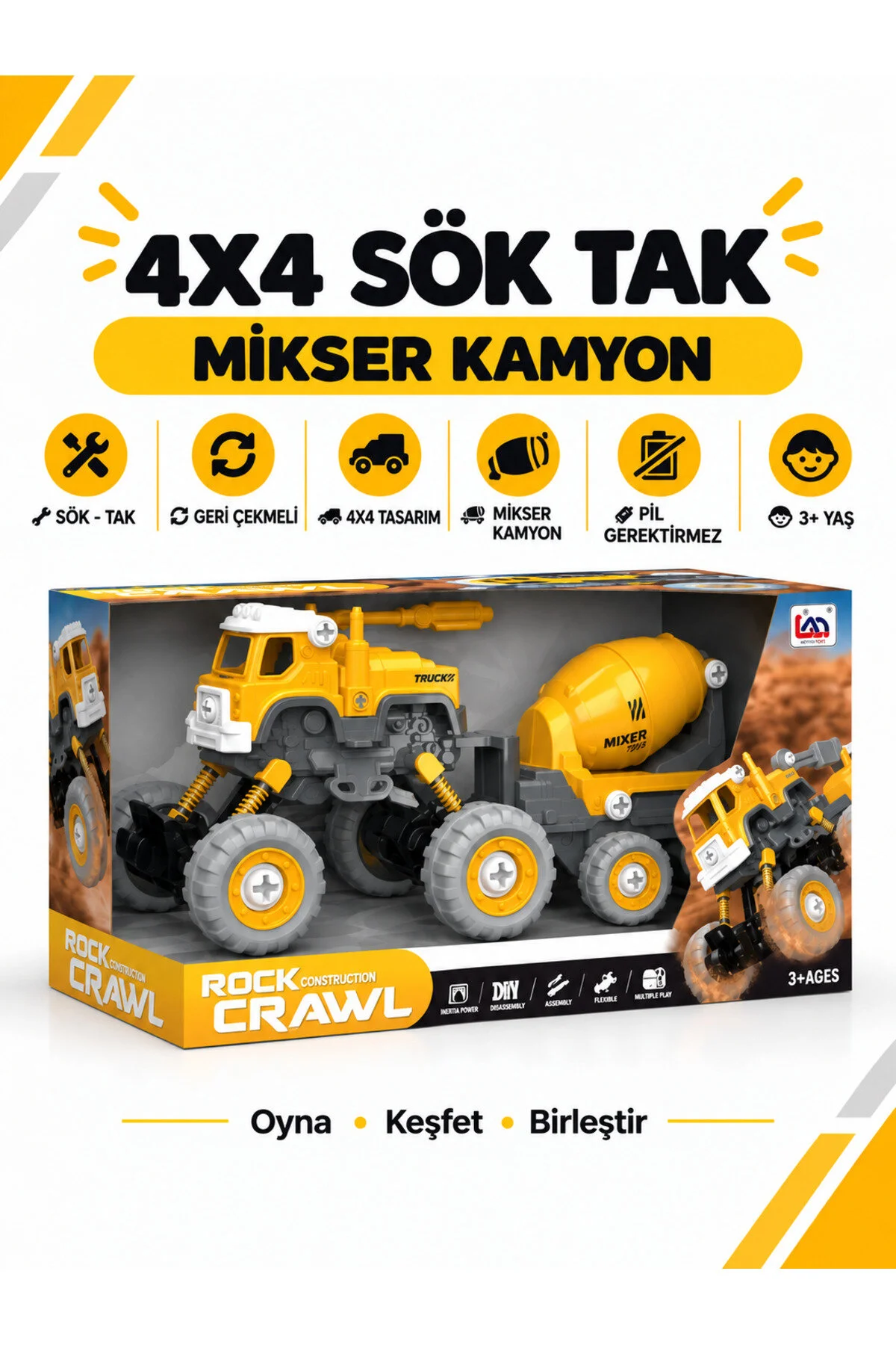 4x4 Geri Çek-bırak Beton Mikserli Kamyon Dıy Oyuncak Seti, 25+ Sök-tak Parça