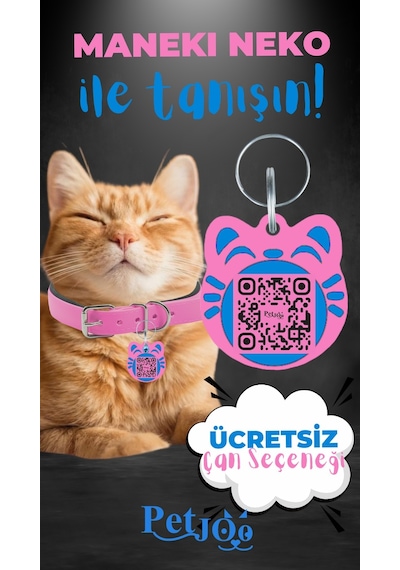 Petjoo 4.Maneki Neko Mavi-Pembe Qr'lı Kedi Künyesi