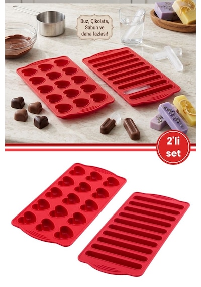 2 Li Silikon Kalp Ve Çubuk Kalıbı Seti, Kalp + Çubuk Buz Çikolata Sabun Silikon Kalıbı Seti Bpa Free Kırmızı