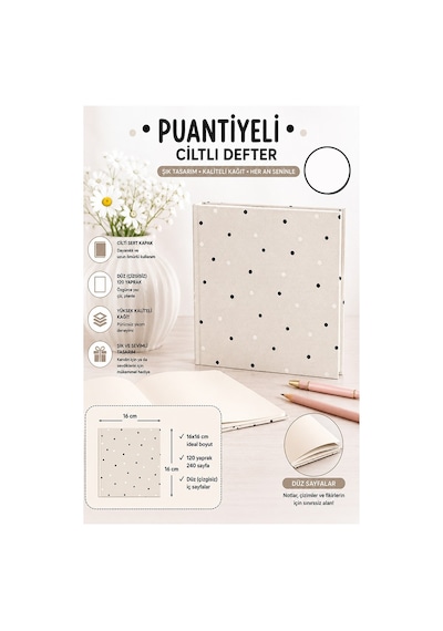 Puantiyeli Kare Not Defteri 16x16cm 1 Adet Lizz Sert Kapak 120 Yaprak Ciltli Çizgisiz Özel Anı Günlük Defteri Beyaz